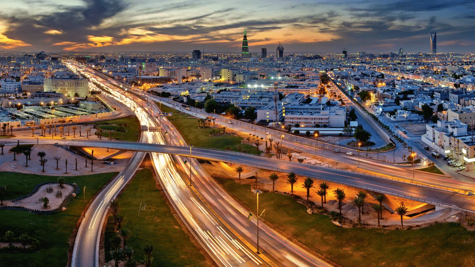 Riyadh highway interchange at sunset