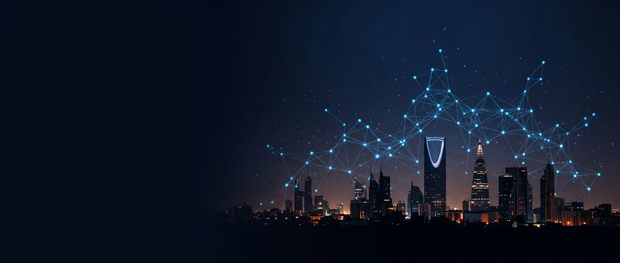 Riyadh skyline at night with a glowing network of connected points